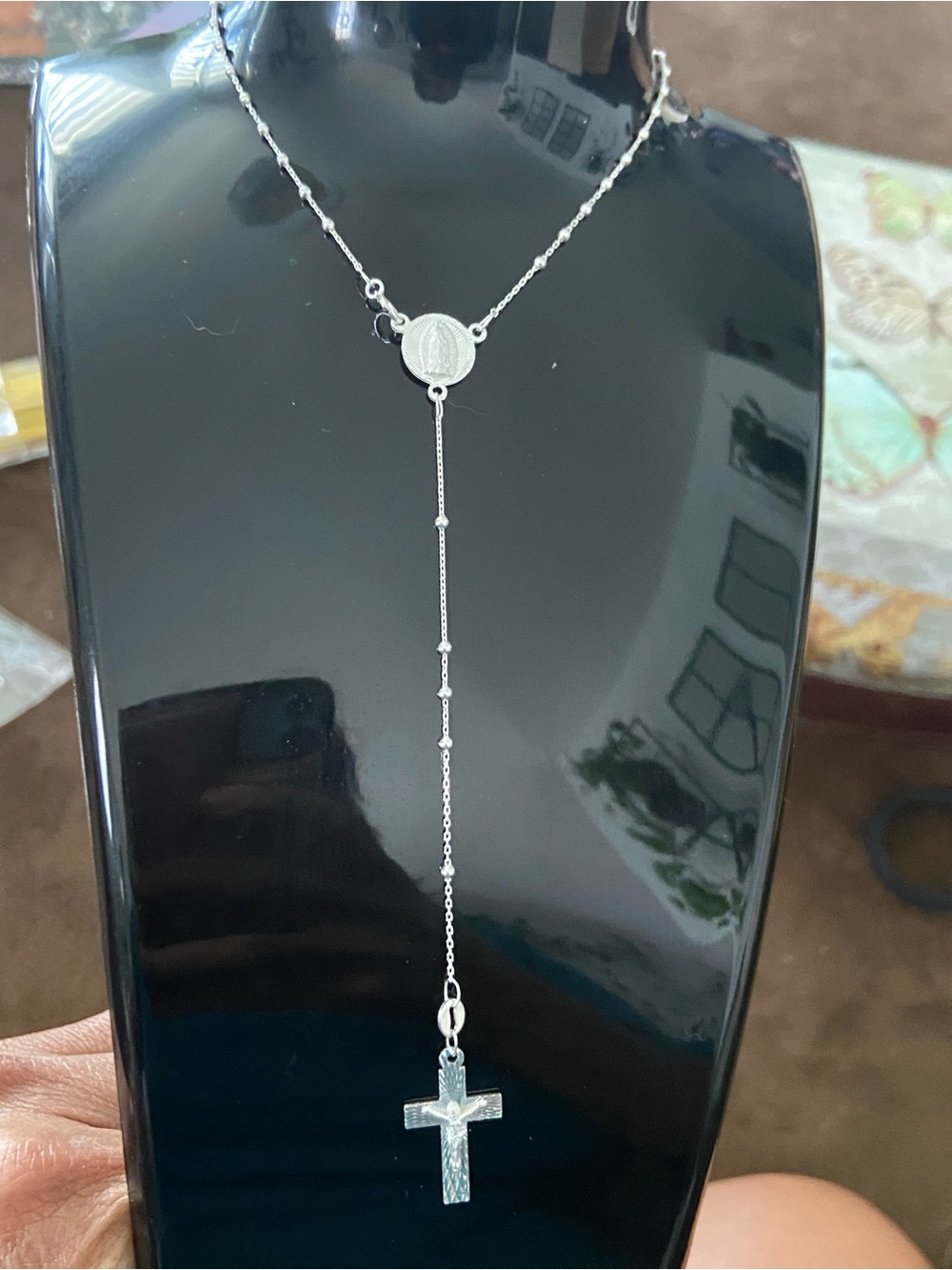 Italian Silver 925 Rosary Cross Y-Drop Necklace with Medallion